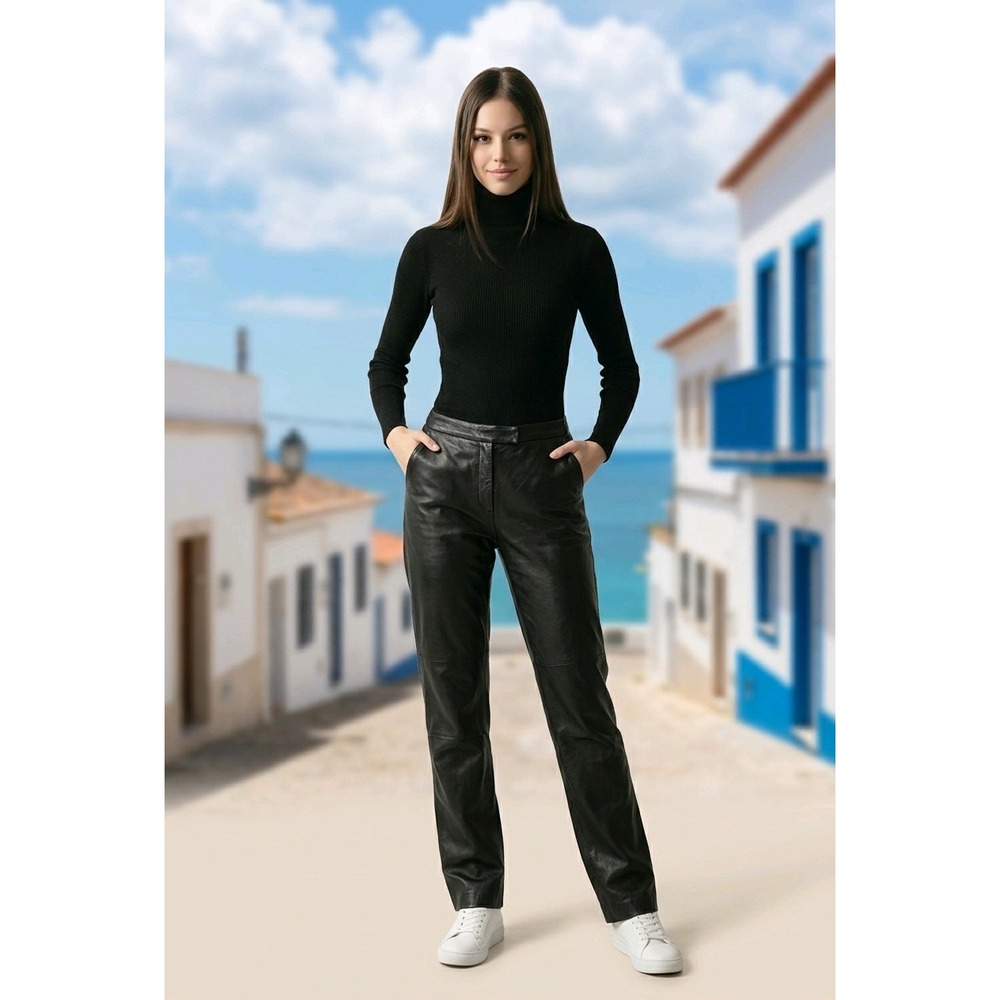 BCBG Nordstrom Women Black Leather Pants 8 High Rise Straight Leg Moto Biker